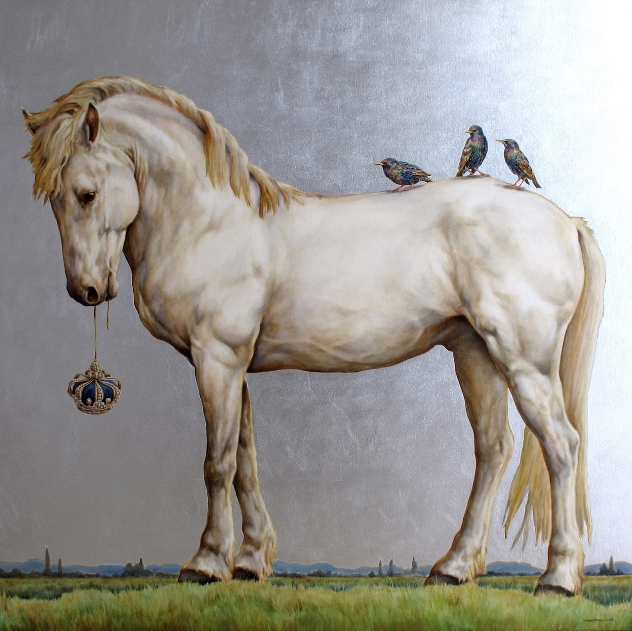 White horse in profile with birds perched on back and decorative ornament hanging from bridle