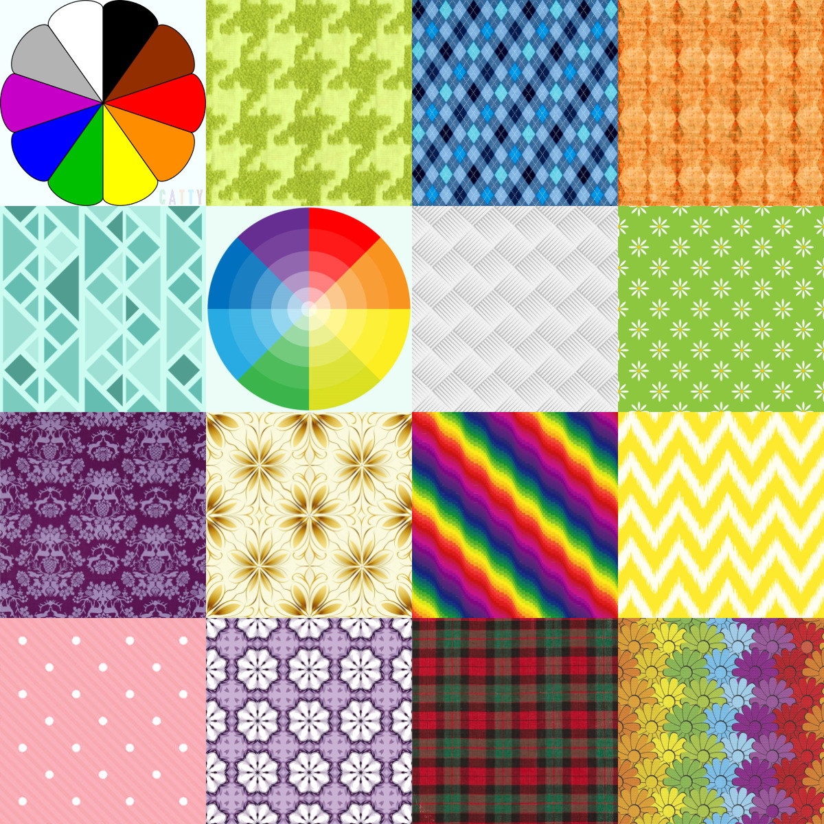 Grid of 20 colorful patchwork squares with various patterns including argyle, chevron, plaid, and color wheels