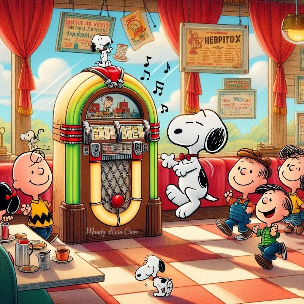 Snoopy dancing on jukebox surrounded by Charlie Brown and Peanuts characters in retro diner