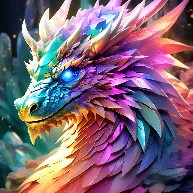 Colorful fantasy dragon portrait with glowing blue eyes and layered scales