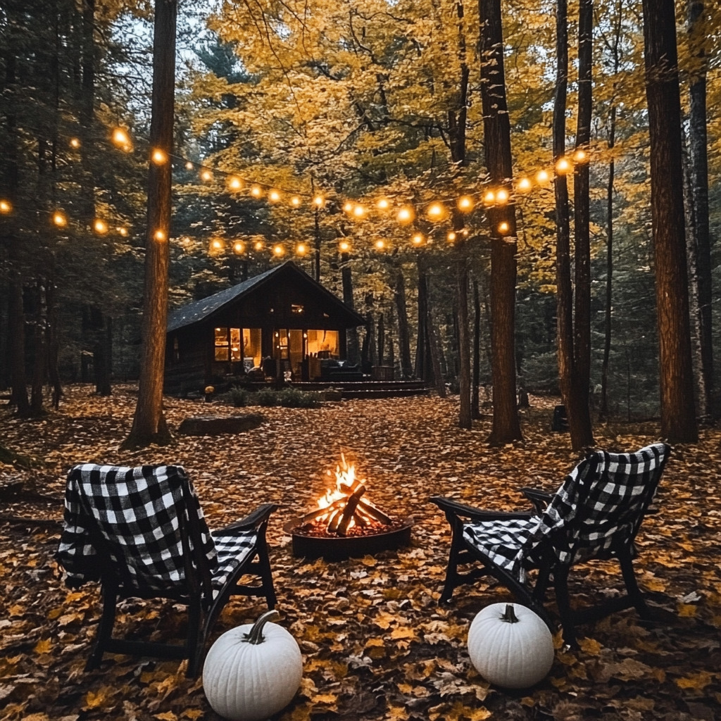 Cottage in autumn forest with fire pit, chairs, pumpkins, and string lights at dusk