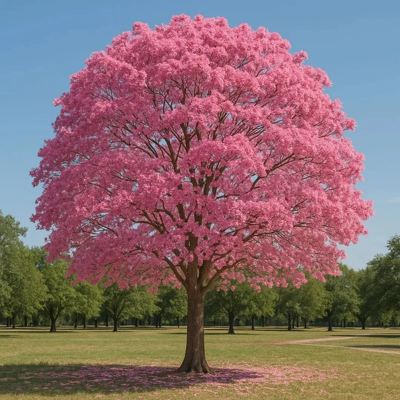 Pink flowering tree in a grassy park beneath a clear blue sky