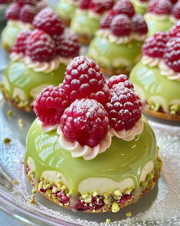 Mini cakes with green glaze, fresh raspberries, white cream, and pistachio crust