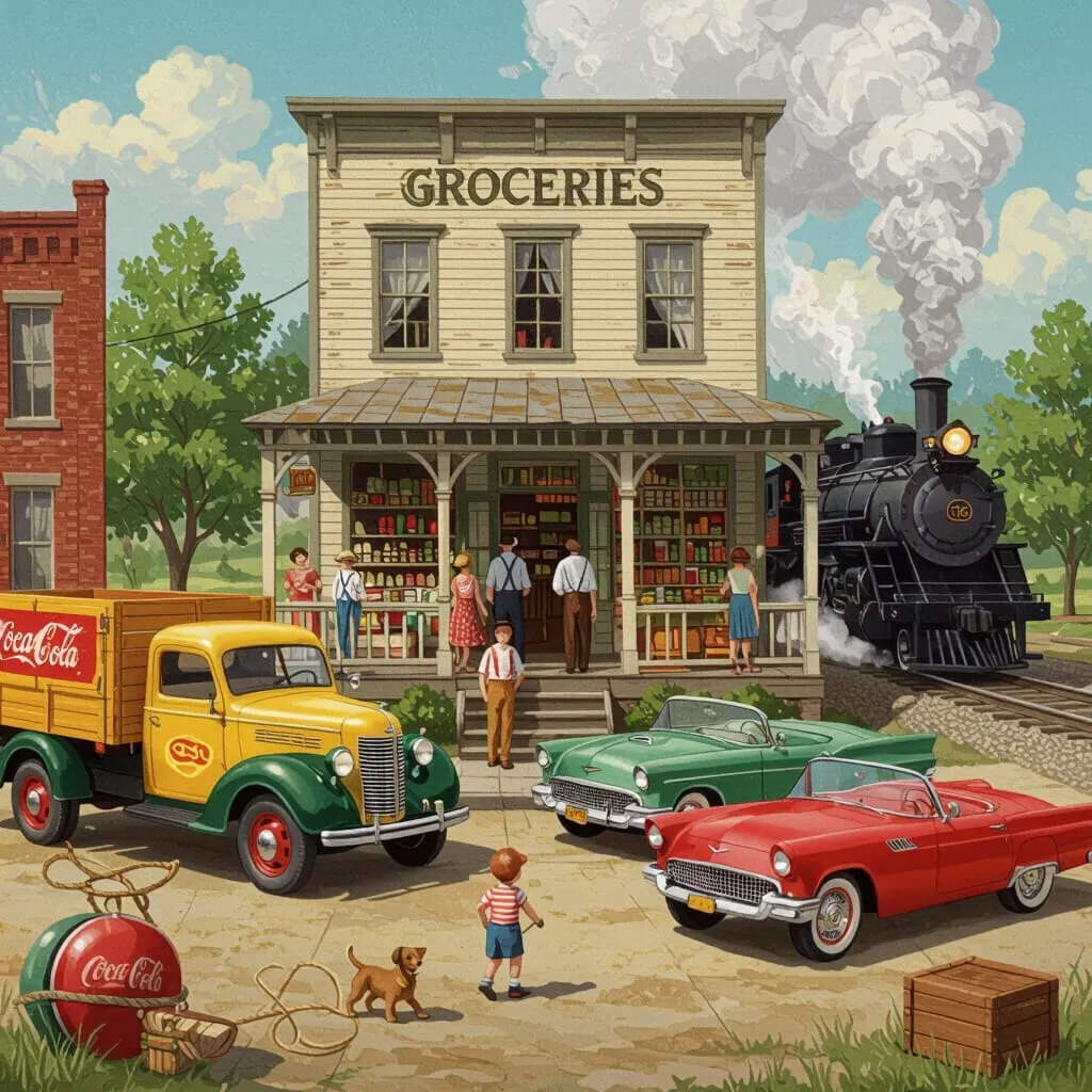 Vintage grocery store with classic cars and steam locomotive in small town square