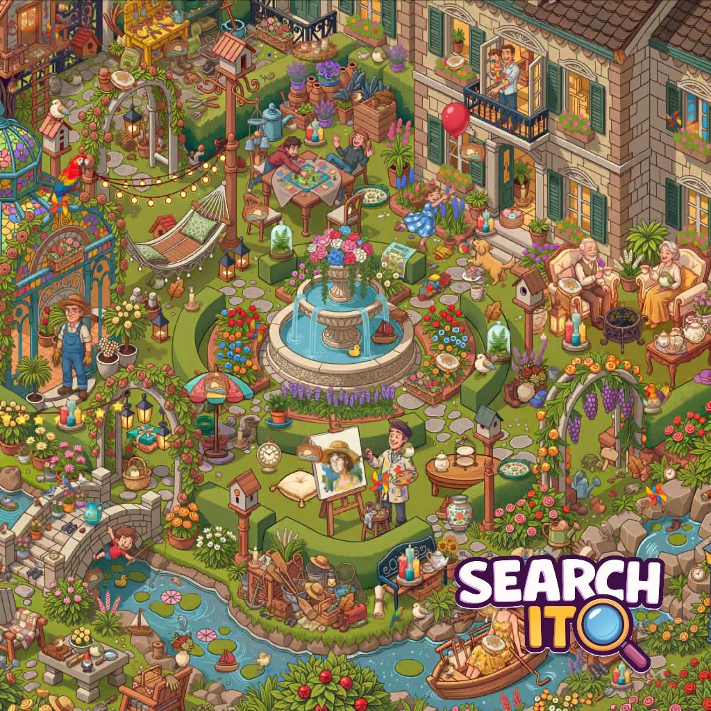 Isometric illustration of bustling garden courtyard with fountain, flowers, trees, people and surrounding buildings