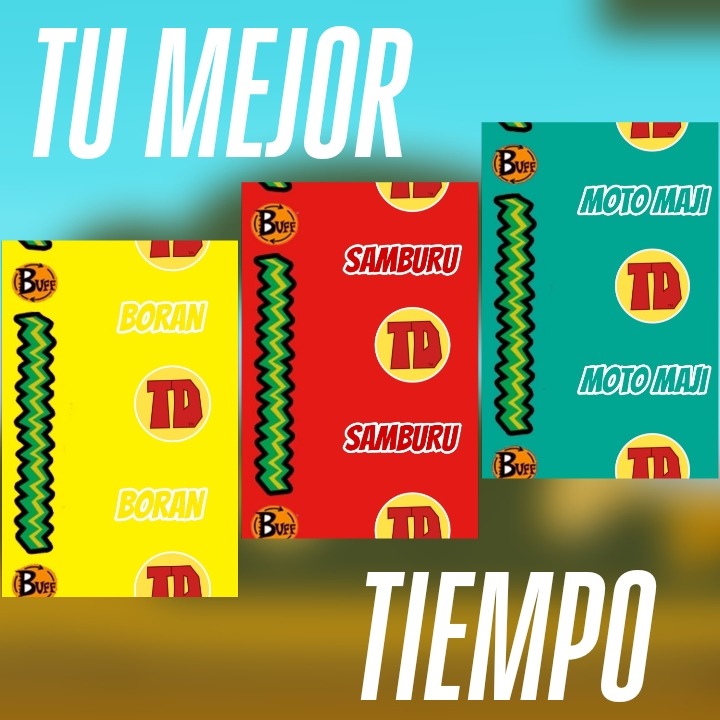 Colorful graphic with Spanish text and patterned yellow, red, and teal blocks