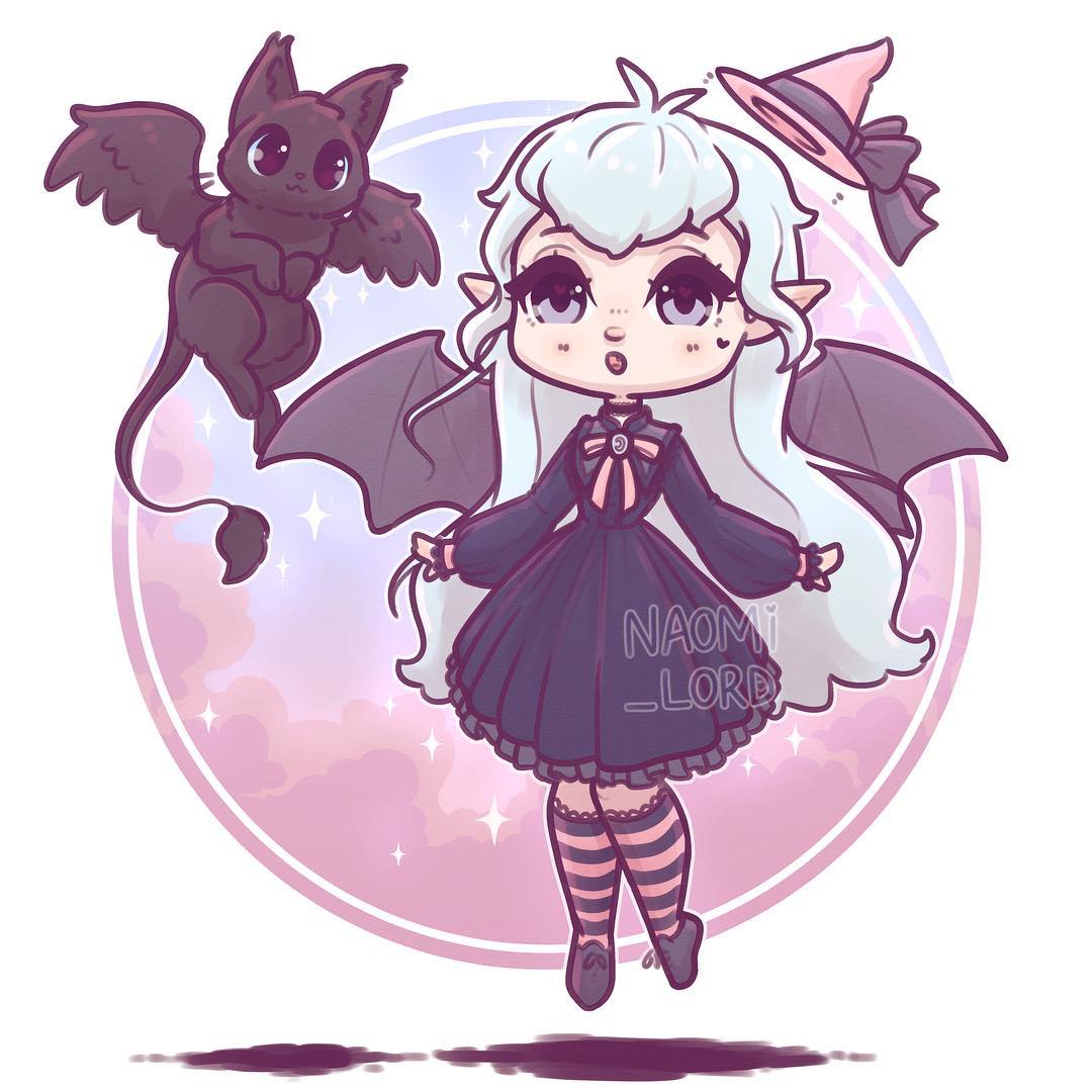 Chibi anime girl with white hair, bat wings, witch hat, and a small black bat companion
