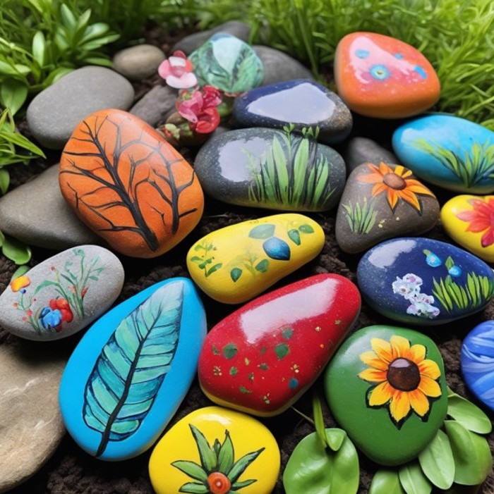 Collection of colorful painted rocks with flower and leaf designs on garden ground