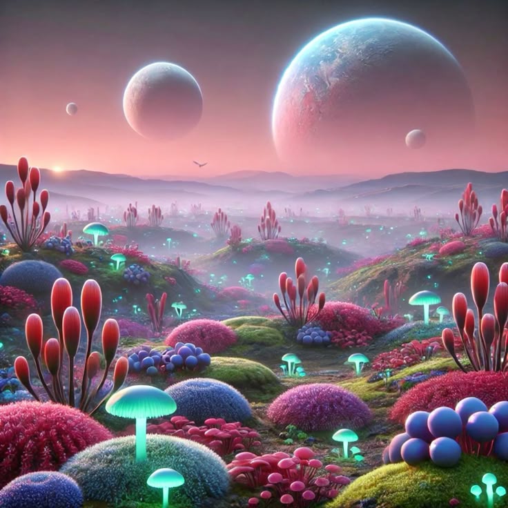 Colorful alien landscape with glowing mushrooms, strange plants, and giant planets in the sky