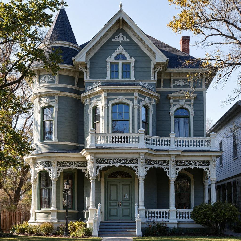 Blue Victorian mansion with white ornamental details, turret, and wraparound porch surrounded by autumn trees