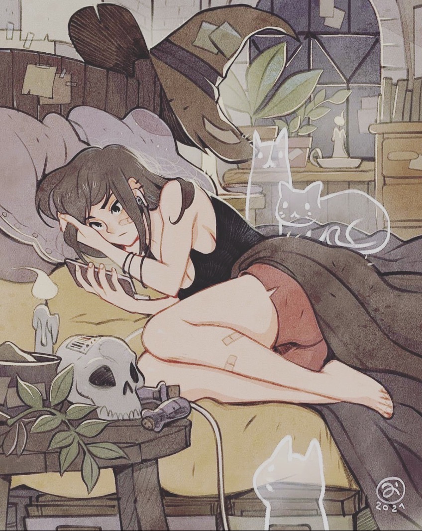 Anime girl lying on couch in relaxed pose with books and candles nearby in warm-toned room