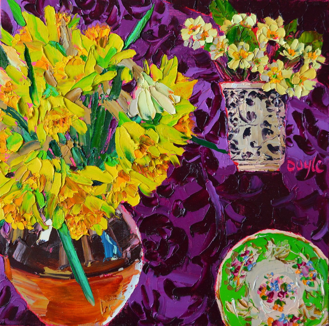 Vibrant still life painting of yellow spring flowers in pot on purple fabric with decorative ceramics