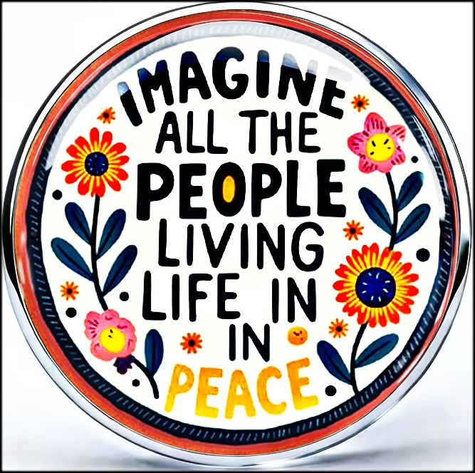 Round peace sign with inspirational text and floral decorations in black, orange, yellow, and navy blue
