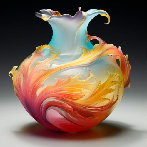 Colorful abstract vase-like shape with swirling pastel and warm tones on a dark background