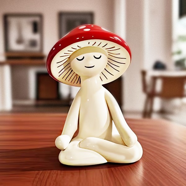 Meditating mushroom figurine with a red cap on a wooden table indoors