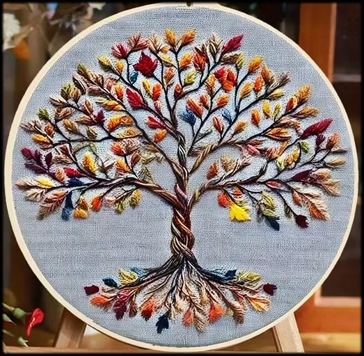 Colorful tree of life embroidery in a round hoop on light fabric