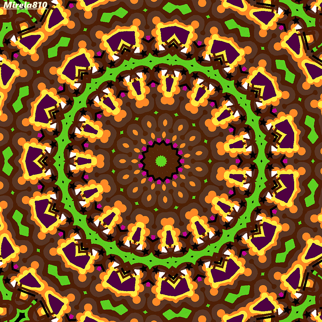 Colorful mandala with concentric circles and geometric patterns in yellow, orange, green, and burgundy tones