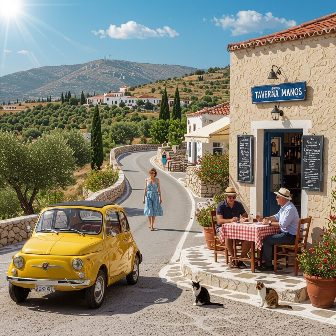 Sunny village street with a tavern, yellow vintage car, walking woman, and cats outside