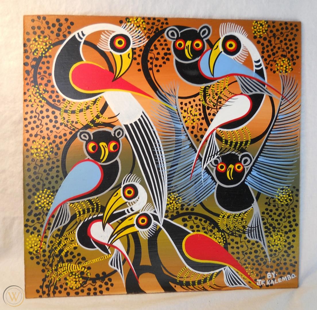 Abstract African-style painting with colorful birds and owl-like faces on a warm patterned background