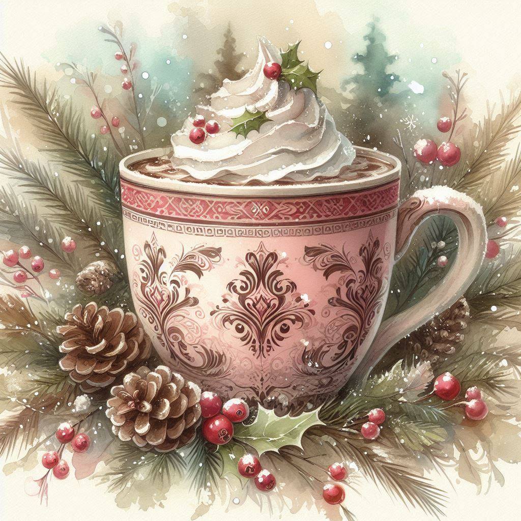 Pink mug of hot chocolate with whipped cream, surrounded by pine branches, pinecones, and red berries