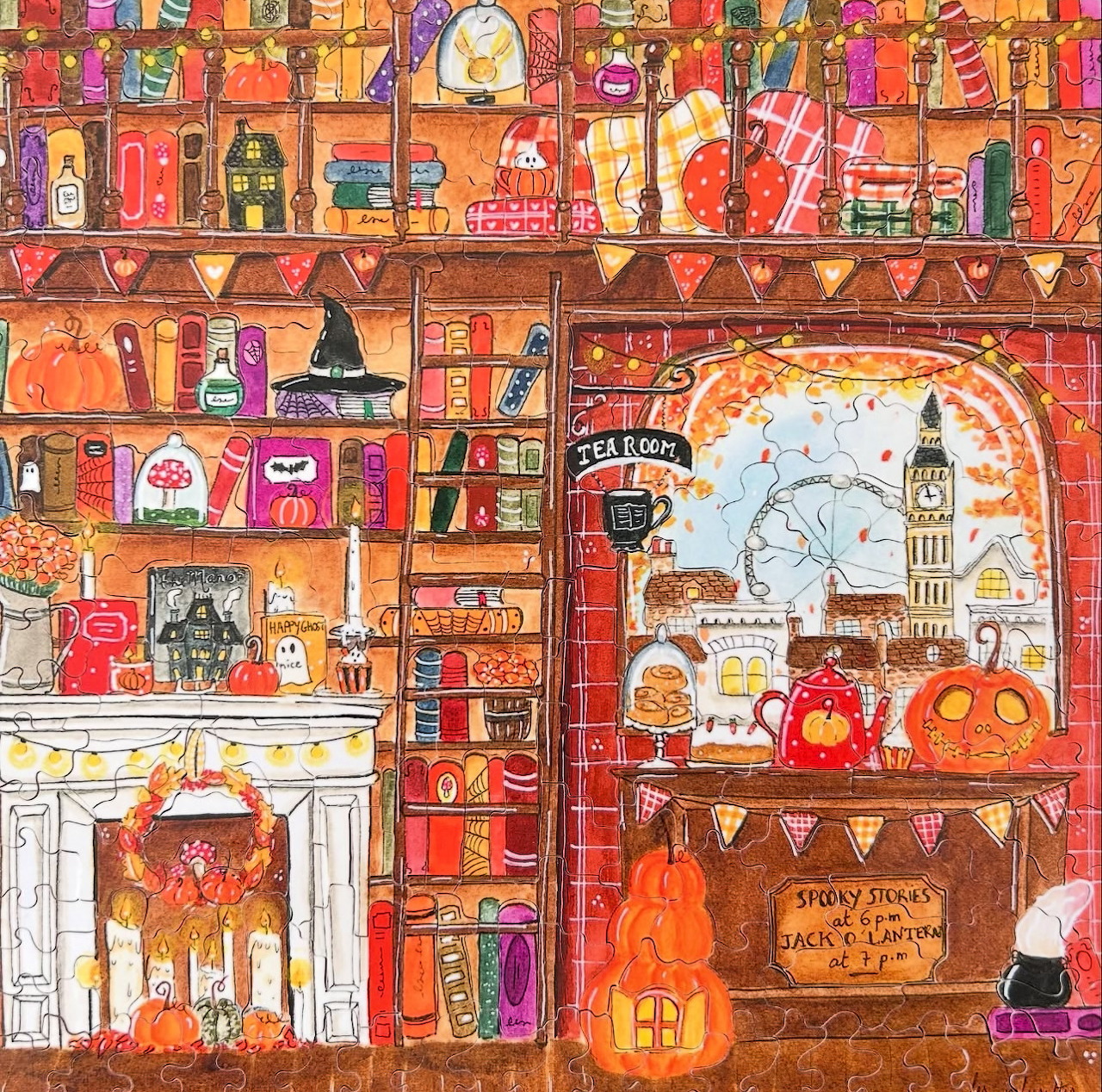 Illustrated shelves with fall decorations, pumpkins, books, and a window showing a church in an autumn village