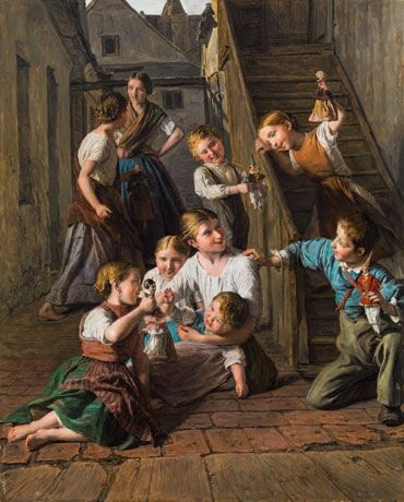 Victorian family with children gathered in outdoor courtyard, classical painting style