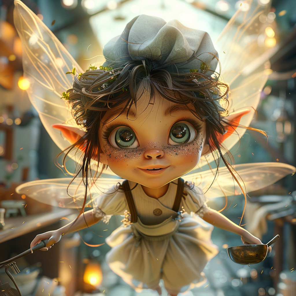 Animated fairy with green eyes, wings, and chef hat holding spoons in a glowing kitchen