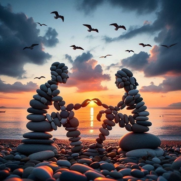 Stone stacks forming a heart on a rocky beach at sunset with birds in the sky