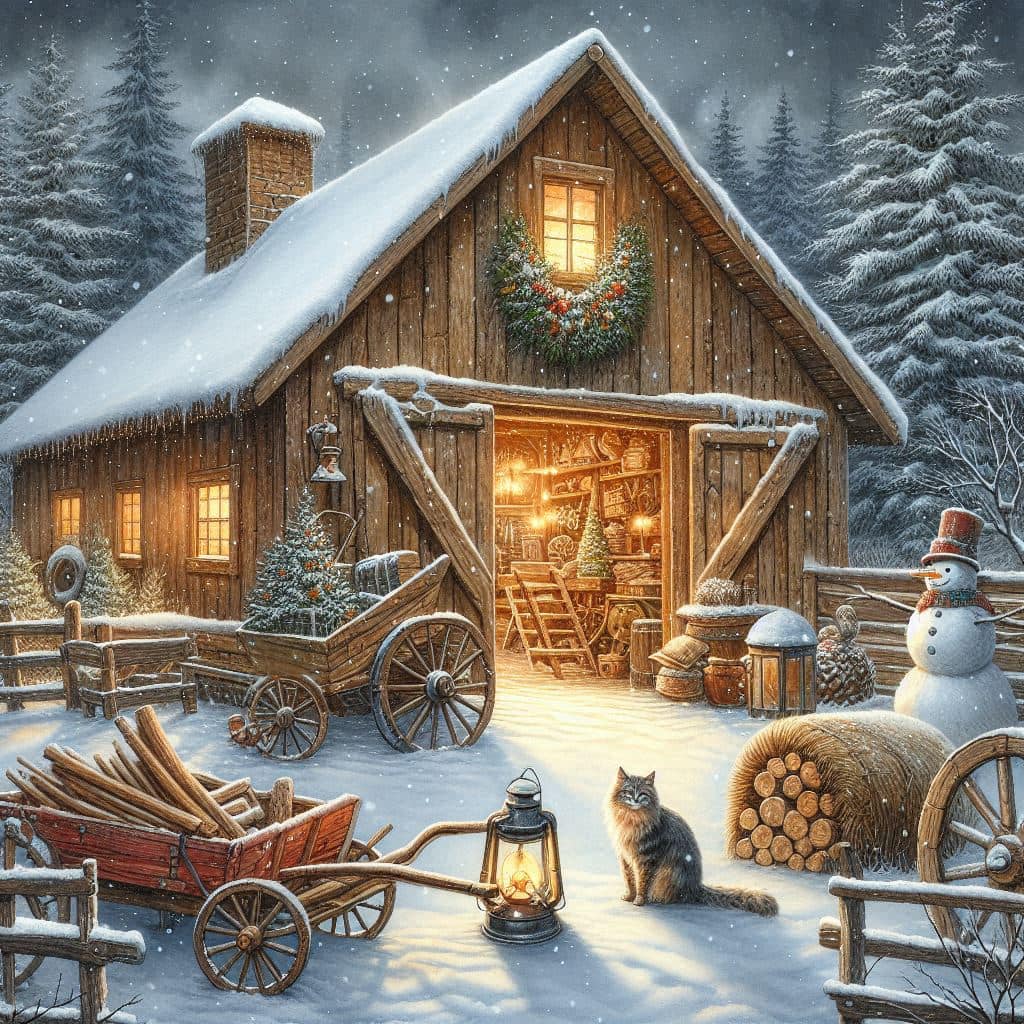 Rustic wooden barn with Christmas wreath and warm lights in snowy winter landscape with snowman and cat
