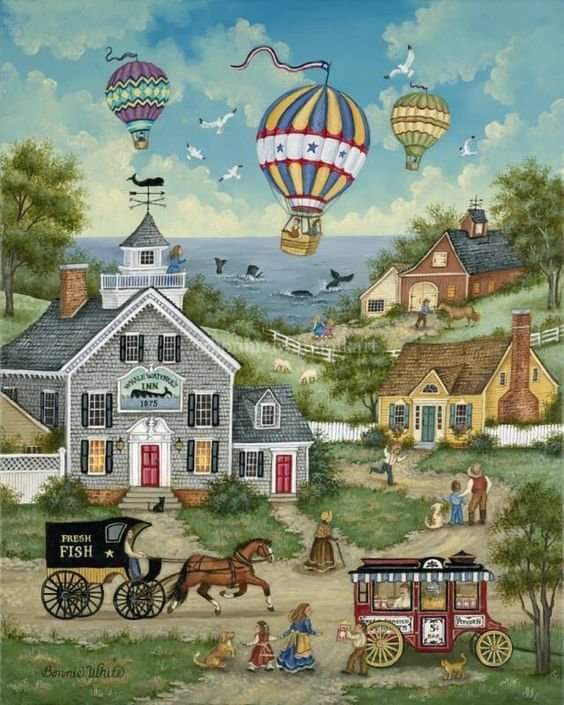 Folk art painting of a quaint coastal village with hot air balloons, horse cariage, and townsfolk