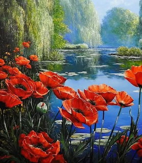 Painting of bright red poppies along a calm pond with water lilies and weeping wilow trees