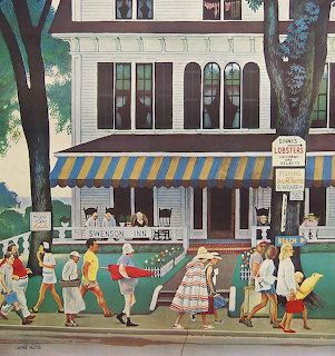 Vintage illustration of beachgoers walking past a resort shop with blue and yellow striped awning in Ogunquit, Maine