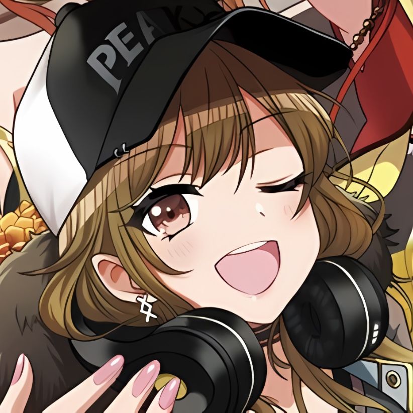 Anime girl DJ with headphones, brown hair, black cap with white text, smiling cheerfully against colorful geometric background