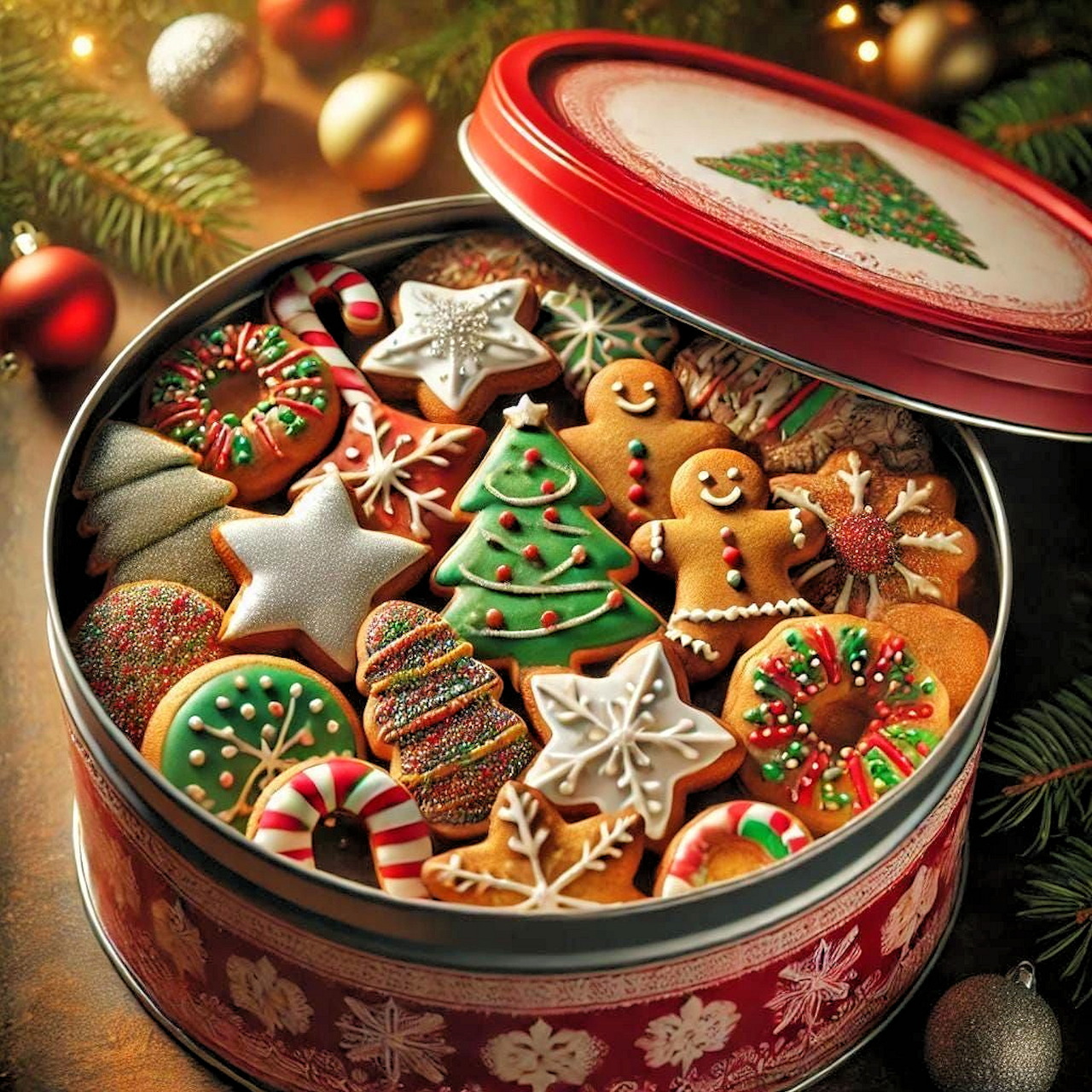 Assorted Christmas cookies including gingerbread men and decorated sugar cookies in a red tin with holiday decorations