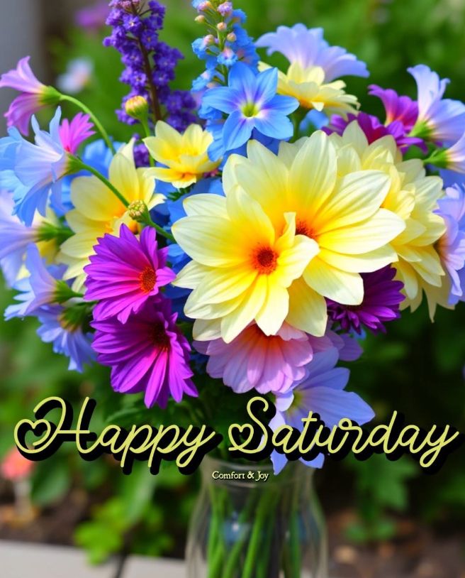 Bright bouquet of yellow, purple, pink, and blue flowers with Happy Saturday text overlay