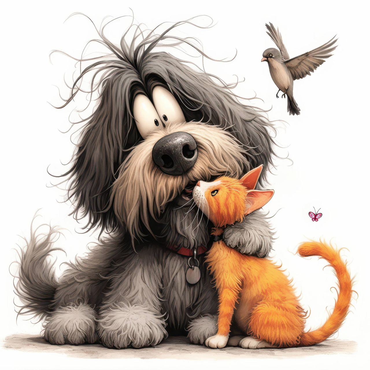 Fluffy gray dog cuddling orange kitten while small bird flies above