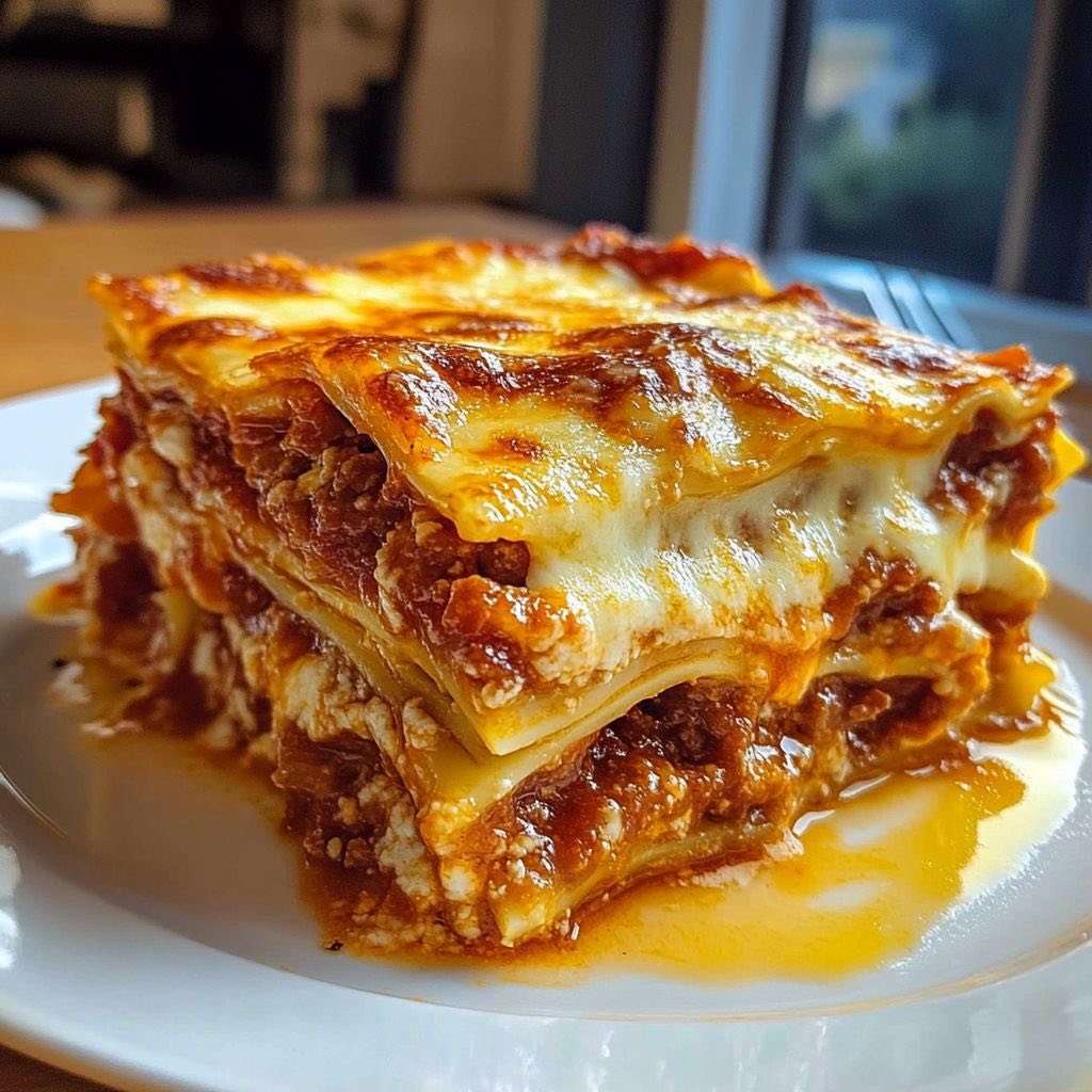 Close-up of a slice of lasagna with melted cheese and meat sauce on a white plate