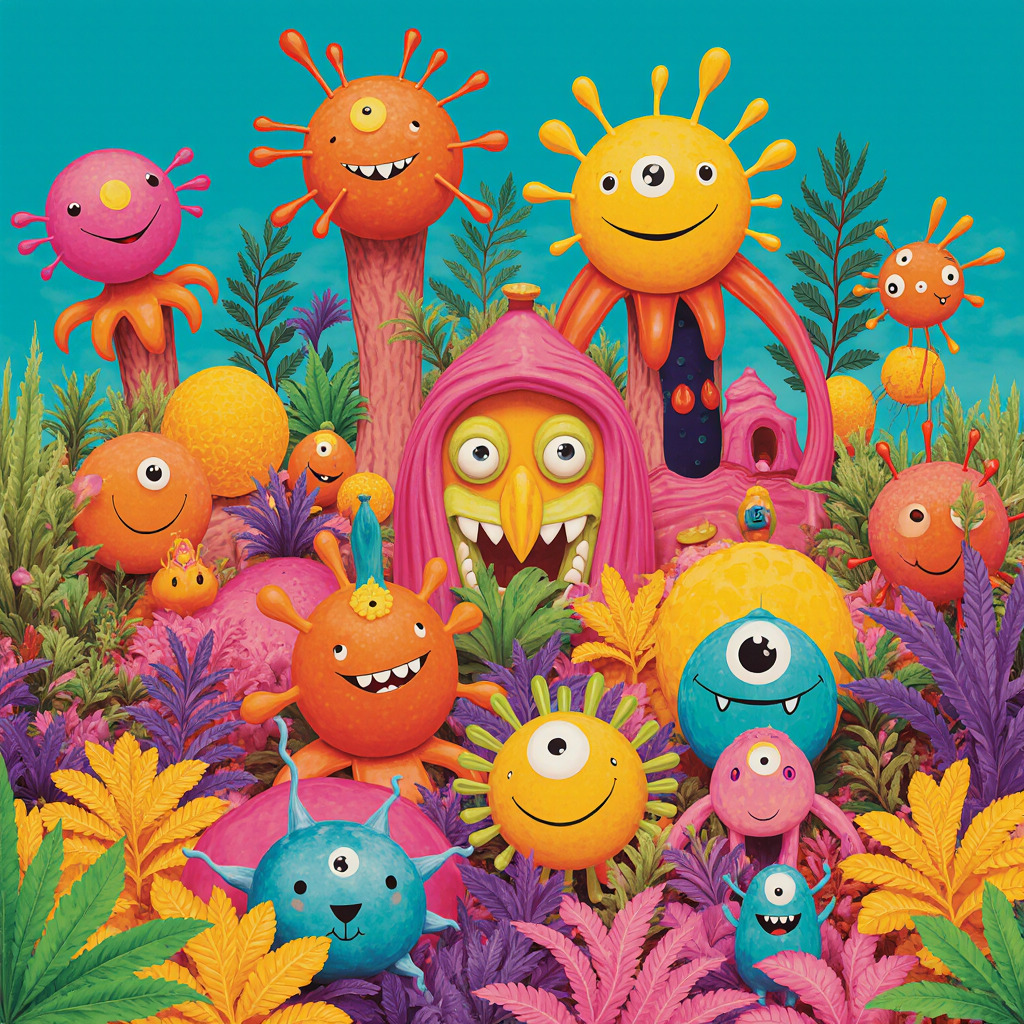 Cheerful cartoon monsters with big eyes and smiles surrounded by bright flowers and plants