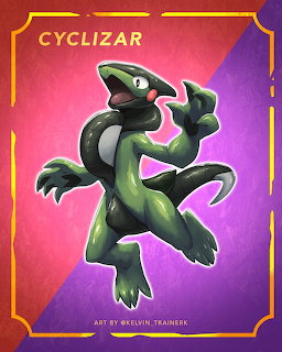 Illustration of Cyclizar, a green lizard-like Pokémon, on a pink and purple background