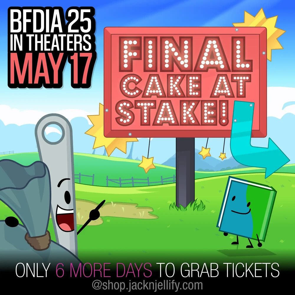 Cartoon poster with a Final Cake at Stake sign, a needle character, and a book character on grass