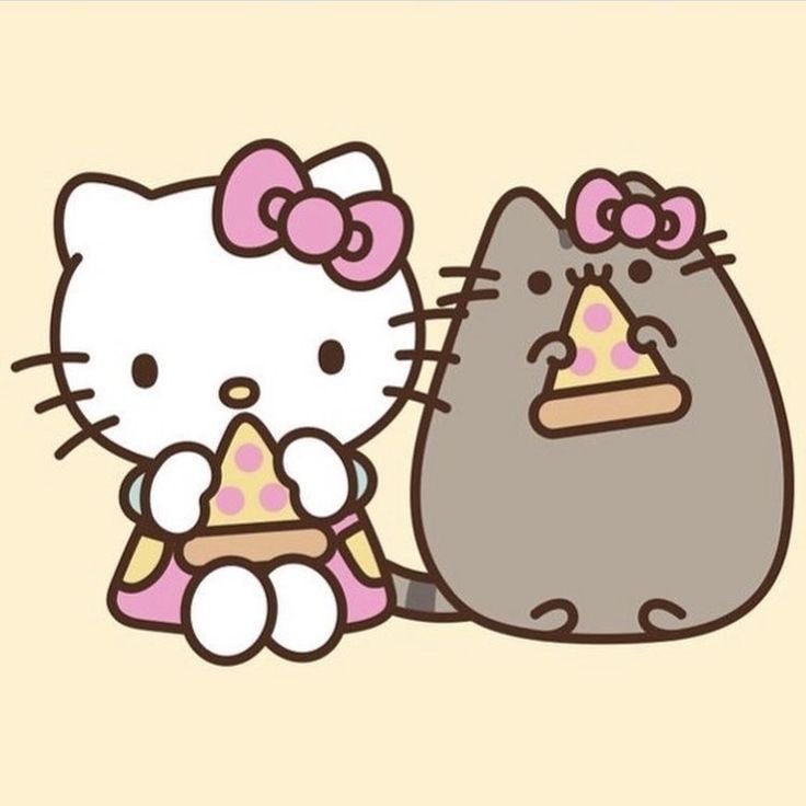 Hello Kitty and Pusheen cats sitting side by side holding cake slices