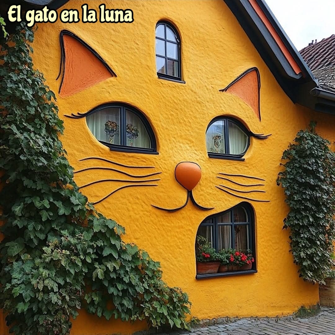Building facade painted as a yellow cat face with windows forming the eyes and mouth, surrounded by ivy