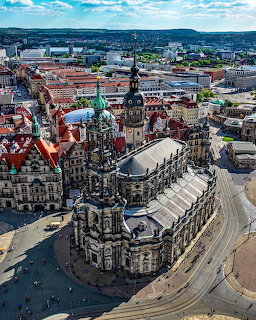 Aerial view of Dresden Cathedral and surrounding historic city buildings
