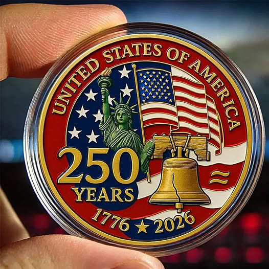 Hand holding a United States of America 250 Years commemorative coin with flag, Statue of Liberty, and bell