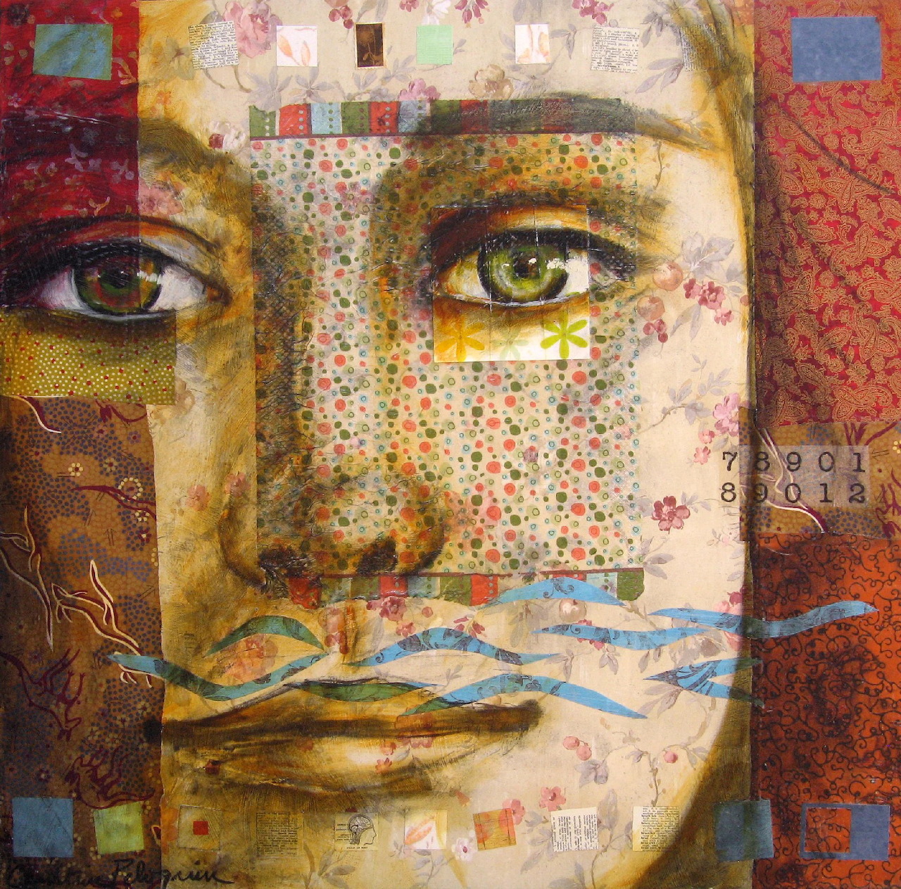 Mixed media portrait of a woman with collaged textures, patterns, and colorful abstract elements layered across her face