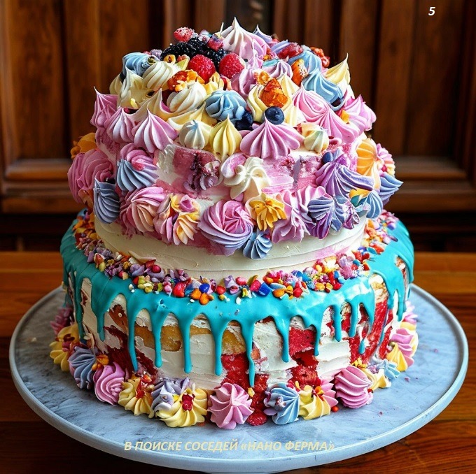 Two-tier cake with colorful meringue swirls, chocolate drips, and sprinkles