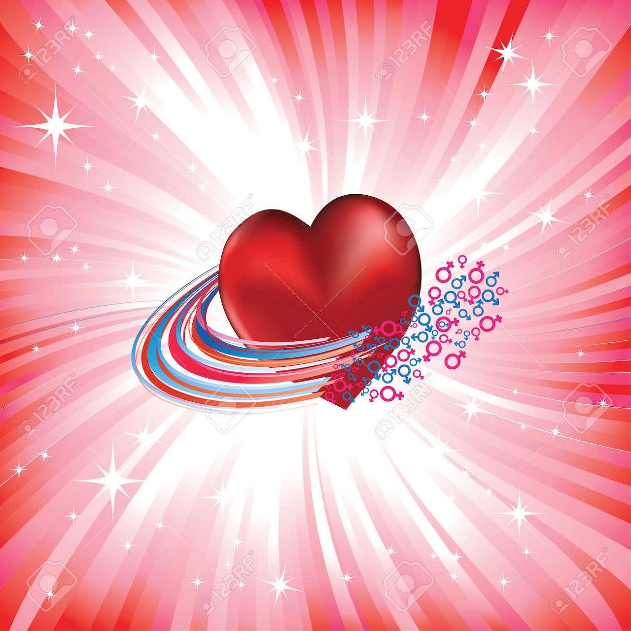 Glossy red heart with swirling ribbons on a pink sparkling burst background
