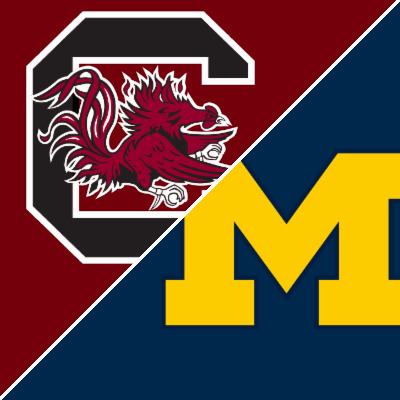South Carolina Gamecocks and Michigan Wolverines college sports team logos split diagonally