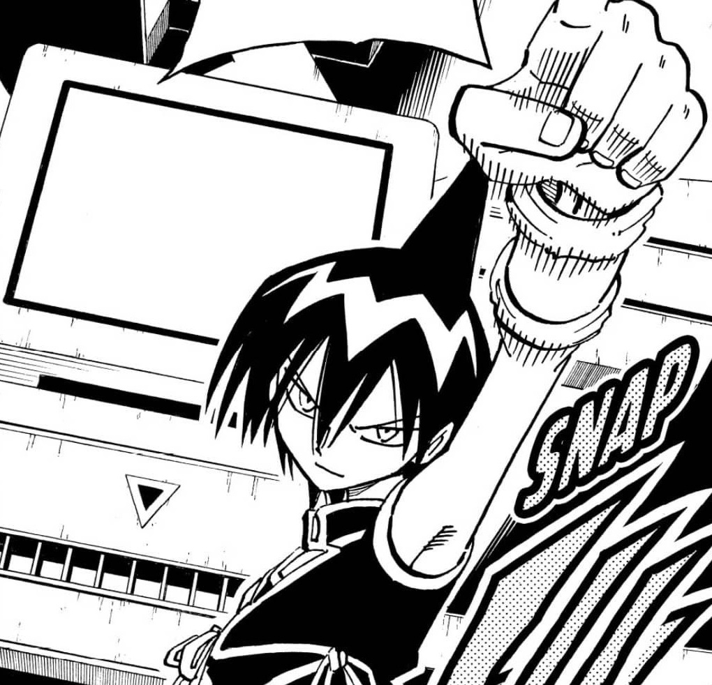 Black-and-white manga drawing of Len from Shaman King raising a fist