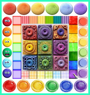 Steampunk mechanical gears in rainbow colors arranged in a 3x3 grid with colorful spheres and striped borders